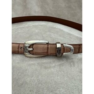 Women’s Vintage Embossed Full Grain Leather Belt Tan with Silver Buckle Size L